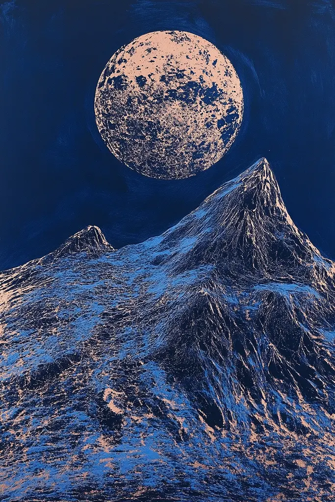 Midjourney generated image using SREF code Wavescape Dreams: A full moon rising over a snowy mountain range.