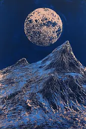 Midjourney generated image using SREF code Wavescape Dreams: A full moon rising over a snowy mountain range.