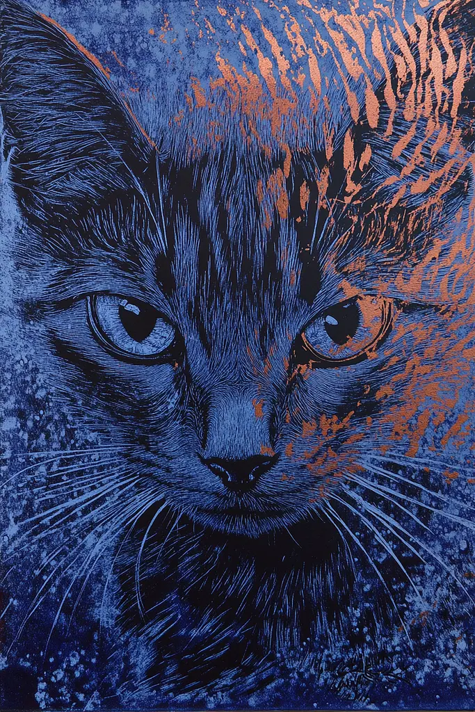 Midjourney generated image using SREF code Wavescape Dreams: A blue and orange cat is shown on a blue background.