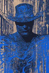 Midjourney generated image using SREF code Wavescape Dreams: A blue and gold painting of a man wearing a cowboy hat.