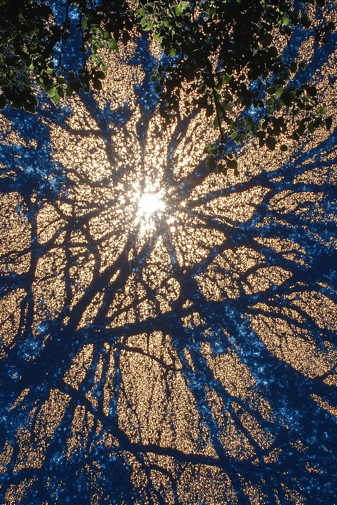 Midjourney generated image using SREF code Wavescape Dreams: The sun is shining through the branches of a tree.