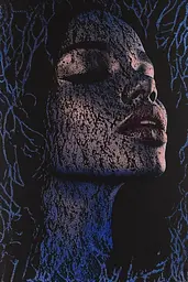 Midjourney generated image using SREF code Wavescape Dreams: A black and blue photo of a woman's face with her eyes closed.