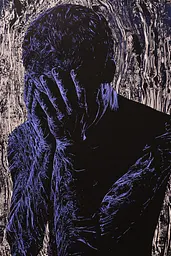 Midjourney generated image using SREF code Wavescape Dreams: A black and white photo of a man covering his face with his hands.