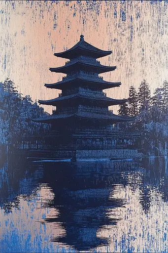 Midjourney generated image using SREF code Wavescape Dreams: A painting of a pagoda in the middle of a lake.