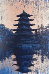 Midjourney generated image using SREF code Wavescape Dreams: A painting of a pagoda in the middle of a lake.