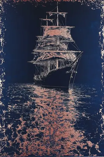 Midjourney generated image using SREF code Wavescape Dreams: A drawing of a tall ship in the ocean.