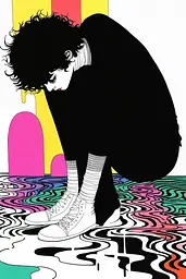 Midjourney generated image using SREF code Psychedelic Paradox: A person crouching down on the ground in front of a colorful background.