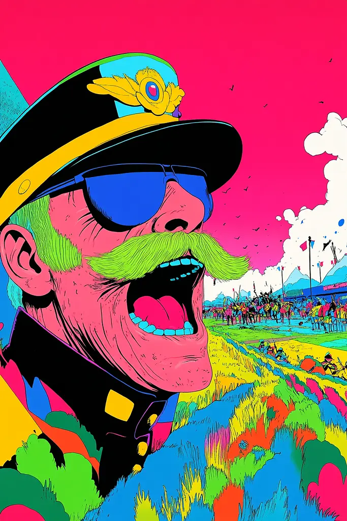 Midjourney generated image using SREF code Psychedelic Paradox: A man with a mustache and a hat in a field.