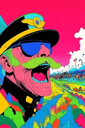 Midjourney generated image using SREF code Psychedelic Paradox: A man with a mustache and a hat in a field.