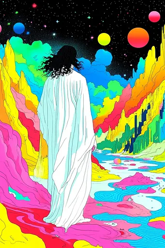 Midjourney generated image using SREF code Psychedelic Paradox: A woman in a white robe standing in front of a colorful landscape.