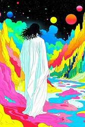 Midjourney generated image using SREF code Psychedelic Paradox: A woman in a white robe standing in front of a colorful landscape.