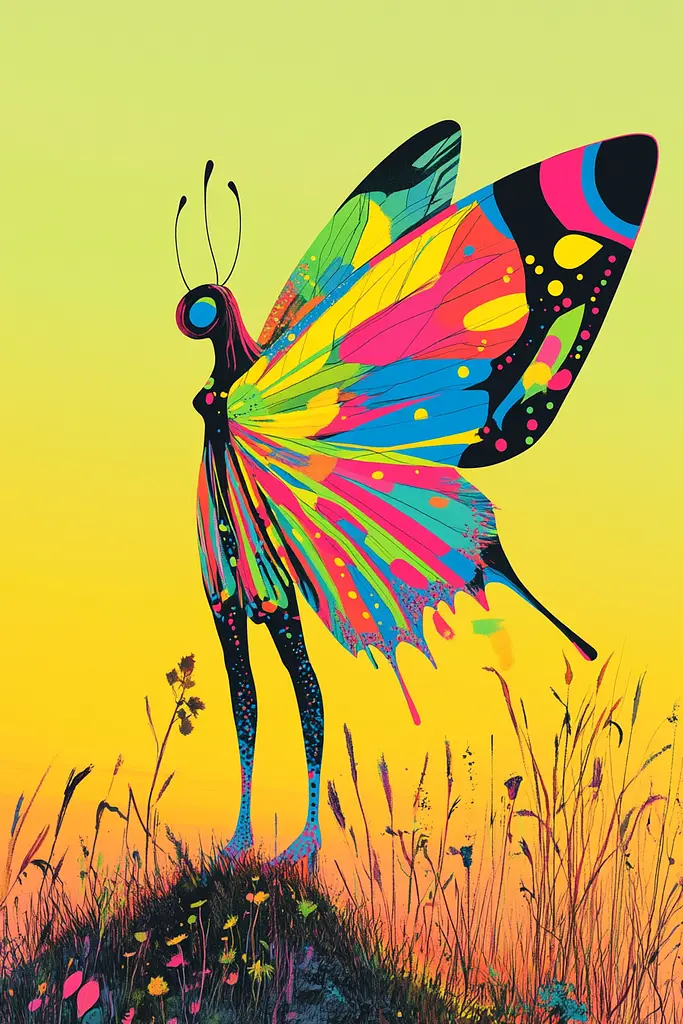 Midjourney generated image using SREF code Psychedelic Paradox: A colorful butterfly standing on top of a grass covered hill.