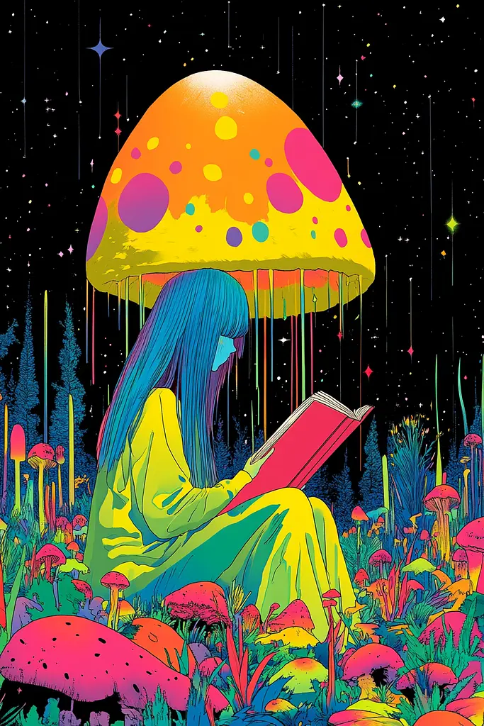 Midjourney generated image using SREF code Psychedelic Paradox: A woman sitting in a field of mushrooms reading a book.