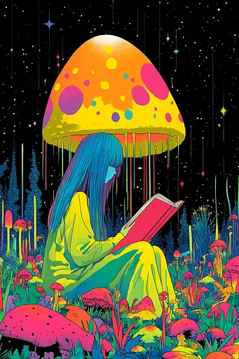 Midjourney generated image using SREF code Psychedelic Paradox: A woman sitting in a field of mushrooms reading a book.