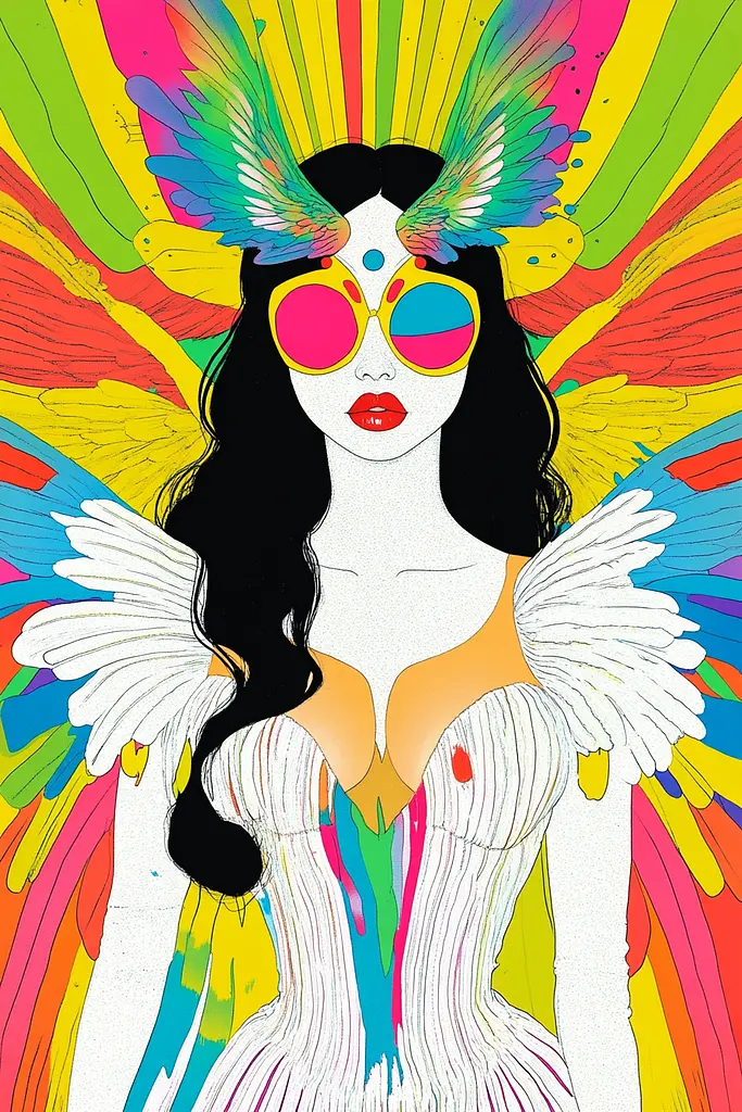 Midjourney generated image using SREF code Psychedelic Paradox: A woman with colorful wings and sunglasses on her head.