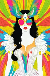 Midjourney generated image using SREF code Psychedelic Paradox: A woman with colorful wings and sunglasses on her head.