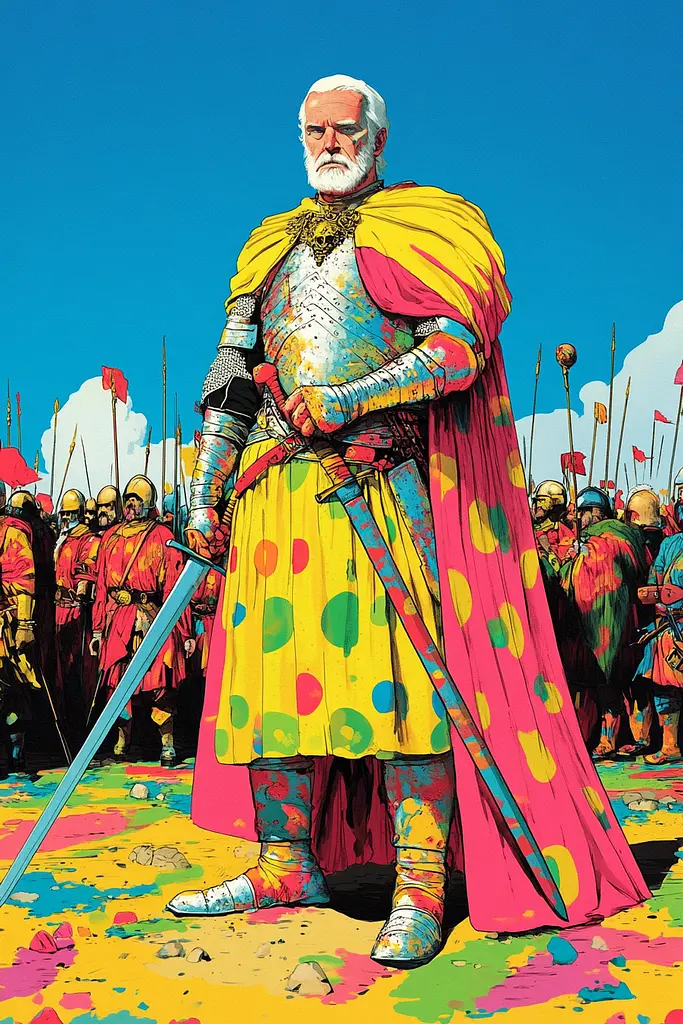 Midjourney generated image using SREF code Psychedelic Paradox: A painting of a man in armor standing in front of a group of soldiers.