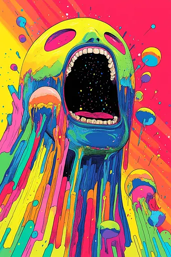 Midjourney generated image using SREF code Psychedelic Paradox: A colorful illustration of a monster with its mouth open.