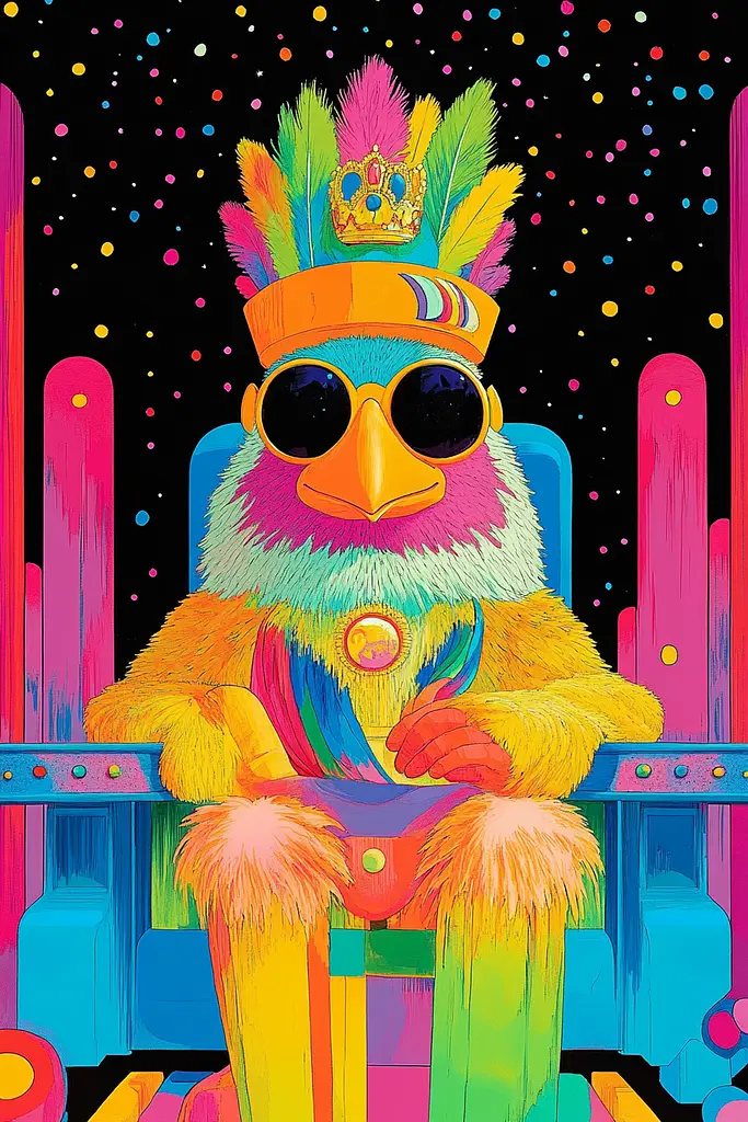 Midjourney generated image using SREF code Psychedelic Paradox: A colorful bird wearing sunglasses and a crown sitting on a chair.