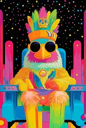 Midjourney generated image using SREF code Psychedelic Paradox: A colorful bird wearing sunglasses and a crown sitting on a chair.