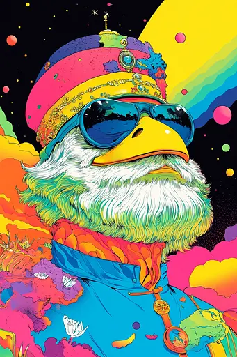 Midjourney generated image using SREF code Psychedelic Paradox: A colorful illustration of an eagle wearing sunglasses and a hat.