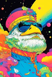 Midjourney generated image using SREF code Psychedelic Paradox: A colorful illustration of an eagle wearing sunglasses and a hat.