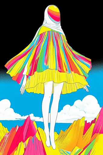 Midjourney generated image using SREF code Psychedelic Paradox: A woman in a colorful dress standing on top of a mountain.