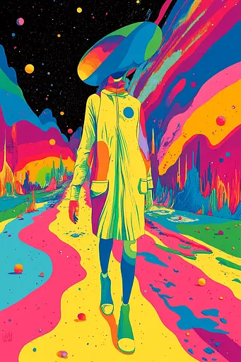 Midjourney generated image using SREF code Psychedelic Paradox: A woman in a yellow coat and hat walking down a dirt road.