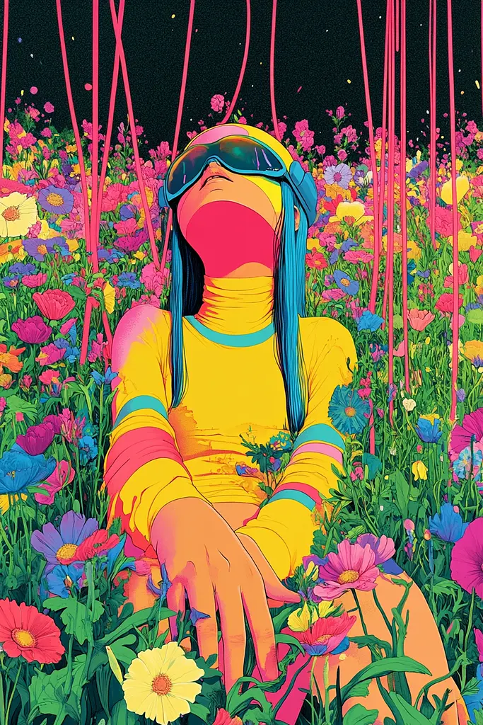 Midjourney generated image using SREF code Psychedelic Paradox: A woman sitting in a field of flowers wearing sunglasses.