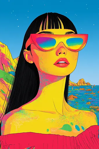 Midjourney generated image using SREF code Psychedelic Paradox: A woman wearing sunglasses standing on a beach next to the ocean.