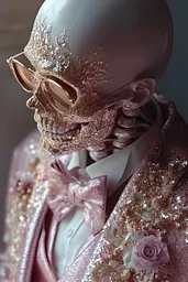 Midjourney generated image using SREF code Silken Mirage: A skeleton wearing a pink suit and sunglasses.