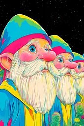 Midjourney generated image using SREF code Psychedelic Paradox: A group of three gnomes standing next to each other.