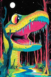 Midjourney generated image using SREF code Psychedelic Paradox: A colorful illustration of a crocodile in the woods at night.