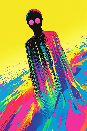 Midjourney generated image using SREF code Psychedelic Paradox: A man in a colorful cloak standing in front of a yellow background.