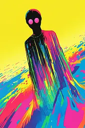 Midjourney generated image using SREF code Psychedelic Paradox: A man in a colorful cloak standing in front of a yellow background.