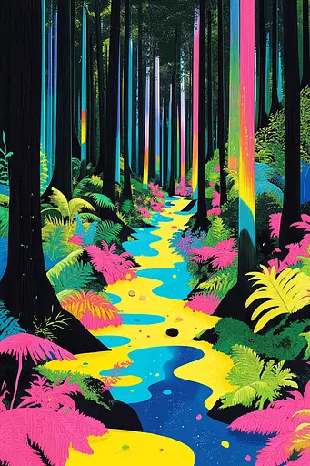 Midjourney generated image using SREF code Psychedelic Paradox: A painting of a stream running through a forest.