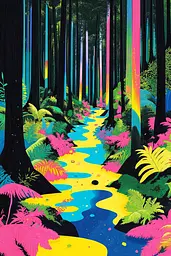 Midjourney generated image using SREF code Psychedelic Paradox: A painting of a stream running through a forest.