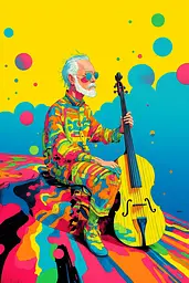 Midjourney generated image using SREF code Psychedelic Paradox: A man sitting on top of a colorful floor holding a cello.