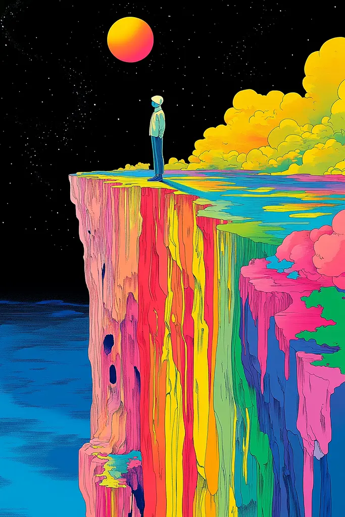 Midjourney generated image using SREF code Psychedelic Paradox: A man standing on top of a cliff overlooking a body of water.