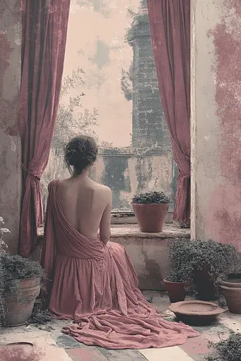 Midjourney generated image using SREF code Pastel Illusions: A woman in a pink dress sitting in front of a window.