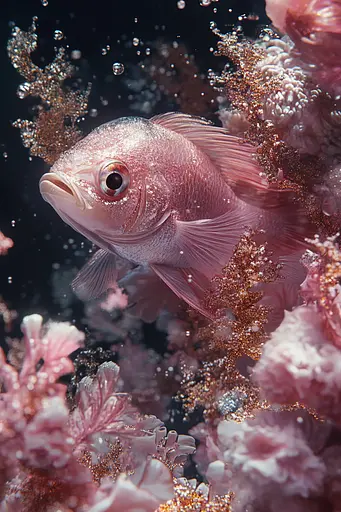 Midjourney generated image using SREF code Silken Mirage: A pink fish swimming in a coral reef.