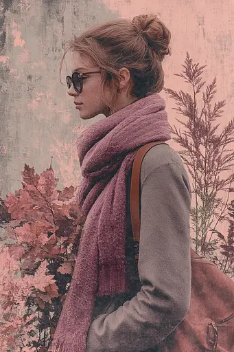 Midjourney generated image using SREF code Pastel Illusions: A woman wearing a scarf and sunglasses standing in front of a wall.