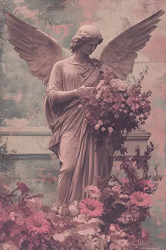 Midjourney generated image using SREF code Pastel Illusions: A statue of an angel holding a bunch of flowers.