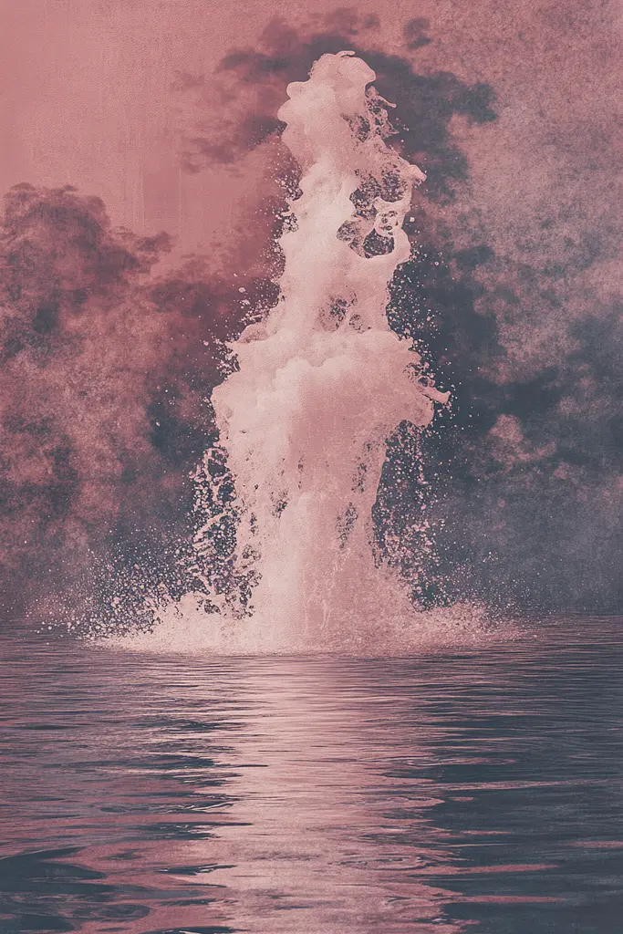 Midjourney generated image using SREF code Pastel Illusions: A pink and black photo of a water fountain in the middle of the ocean.