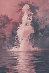 Midjourney generated image using SREF code Pastel Illusions: A pink and black photo of a water fountain in the middle of the ocean.