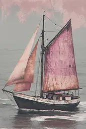 Midjourney generated image using SREF code Pastel Illusions: A boat with pink sails sailing in the ocean.