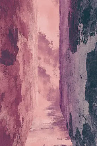 Midjourney generated image using SREF code Pastel Illusions: A pink and black photo of a narrow alleyway.