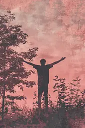 Midjourney generated image using SREF code Pastel Illusions: A man standing on top of a hill with his arms outstretched.